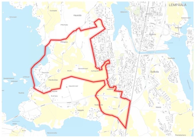 Hauralan eteläosan osayleiskaavan kaavarajaus kartalla