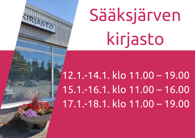 Sääksjärven kirjastossa voi ennakkoäänestää 12.-18. tammikuuta maanantaista perjantaihin kello 11-19 ja lauantaina ja sunnuntaina kello 11-16.