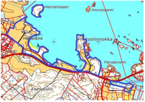 Hietaniemen-Priikoolinnokan ranta-asemakaavamuutoksen ja ranta-asemakaavan likimääräinen rajaus kartalla