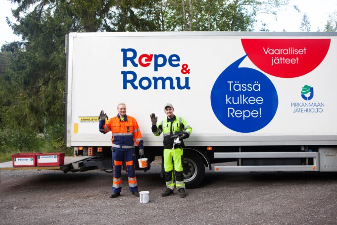 Repe ja Romu auto, jonka edessä kaksi miestä.