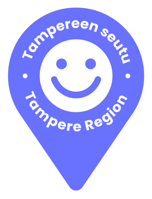 Violetti, hymynaamaa esittävä sijaintimerkki, jonka kehällä lukee “Tampereen seutu” ja “Tampere Region”.