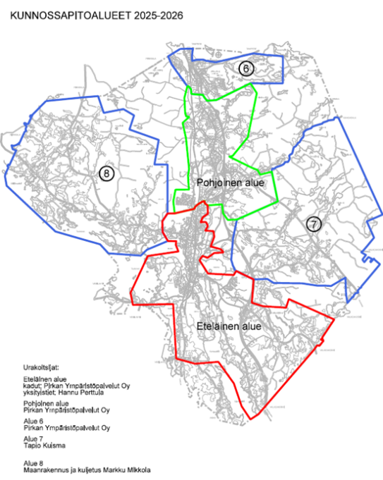 Katujen kunnossapitoalueet on jaettu viiteen alueeseen, jotka on merkitty karttaan.
