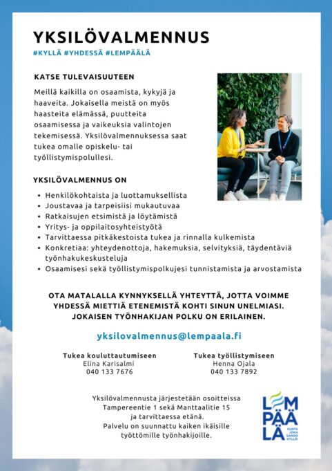 Yksilövalmennuksen esite, jossa kerrotaan mitä on yksilövalmennus ja miten siihen voi hakeutua.