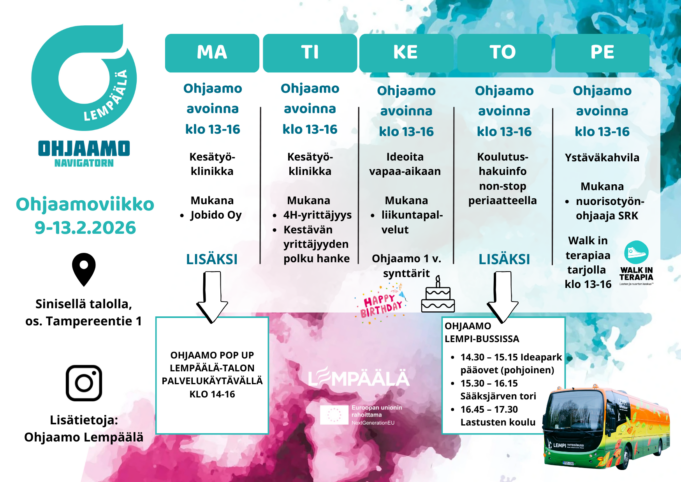 Ohjaamoviikko 9.-13.2.2026. Ohjaamo auki joka päivä klo 13-16