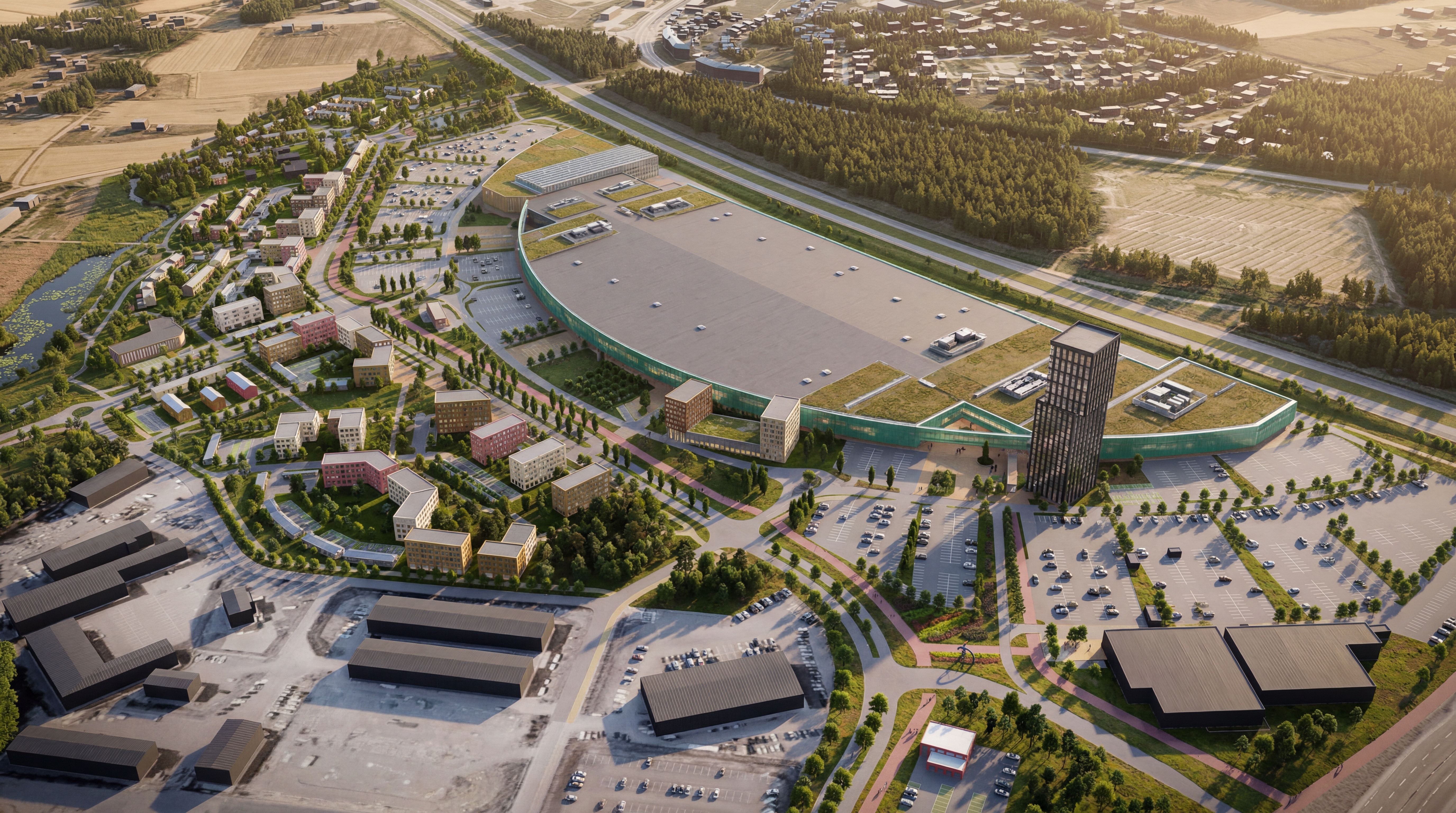 Havainnekuva Marjamäen uuden alakeskuksen yleissuunnitelmasta.