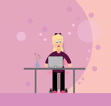 Piirroskuvassa tyttö käyttää kannettavaa tietokonetta