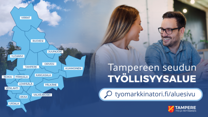 Kartta Tampereen seudun työllisyysalueesta nimetyillä kunnilla sekä kuva kahdesta työikäisestä ihmisestä keskustelemassa. Kuvassa teksti ”Tampereen seudun työllisyysalue” ja osoite tyomarkkinatori.fi/aluesivu.