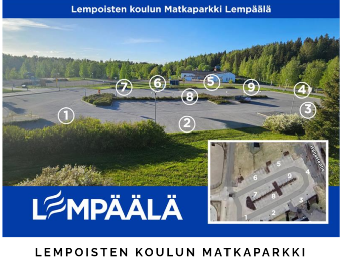 Lempoisten koulun Matkaparkissa on kahdeksan pysäköintipaikkaa asfalttialueella.