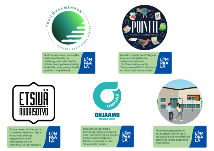 Kooste Lempäälän työttömille suunnatuista palveluista. Kuvassa on useita logoja ja lyhyitä esittelytekstejä muun muassa yksilövalmennuksesta, Pointti-työpajasta, etsivä nuorisotyöstä, Ohjaamosta sekä maahanmuuttajapalveluista.