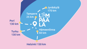 Karttakuva, jossa näkyy Lempäälän sijainti ja etäisyydet lähimpiin isoihin kaupunkeihin.