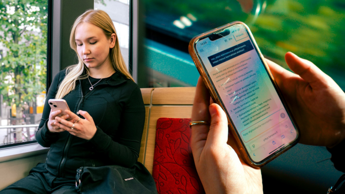 Joukkoliikenteessä matkustava henkilö käyttää älypuhelinta. Kuvan toisessa osassa näkyy lähikuva puhelimen näytöstä, jolla on avoinna Tampereen seudun yrittäjyysneuvonnan verkkosivu.